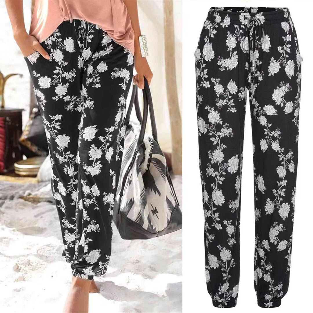 Damen Elegante Blumendruck-Hose mit Elastischem Bund und Seitentaschen Drune