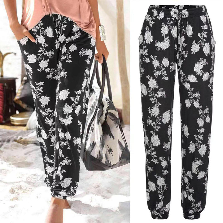 Damen Elegante Blumendruck-Hose mit Elastischem Bund und Seitentaschen Drune