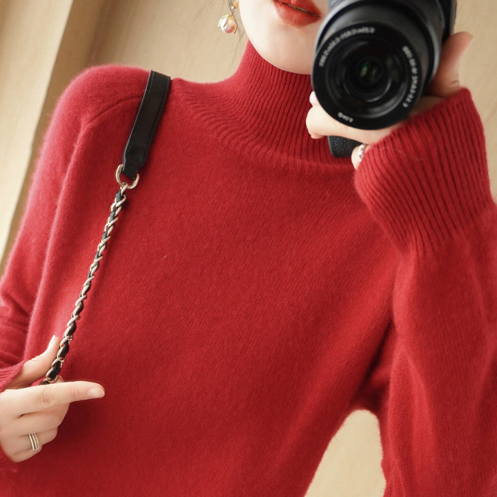 Damen Luxus-Feinstrick-Rollkragenpullover mit Daumenlochbündchen und femininer Schulterpasse Drune