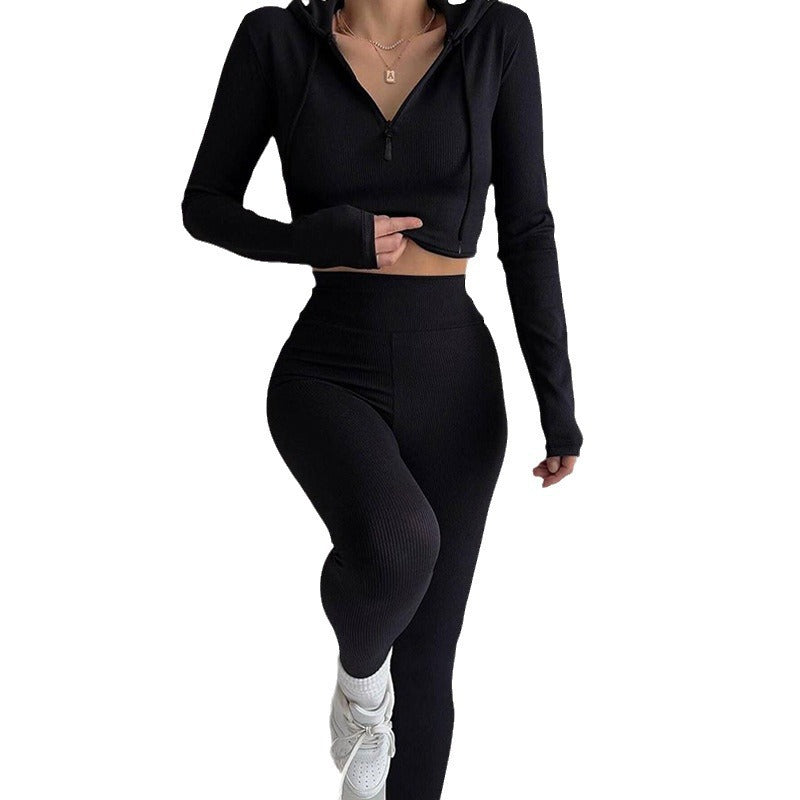 Damen geripptes Lounge-Set mit halbem Reißverschluss und hoher Taille Drune