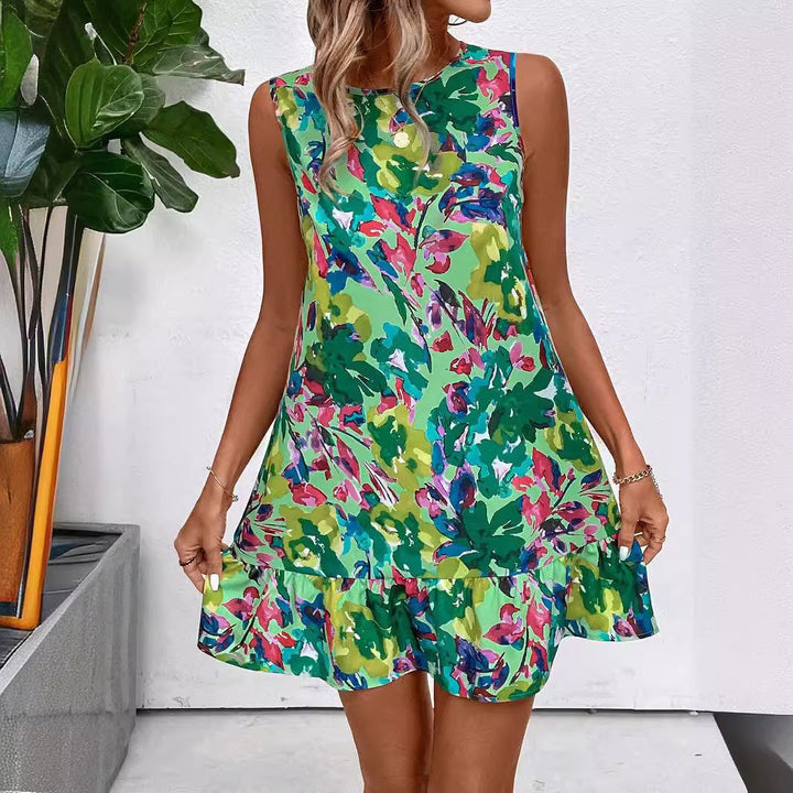 Damen nan luftiges A-Linien-Minikleid mit Rundhalsausschnitt und Volant-Saum Drune