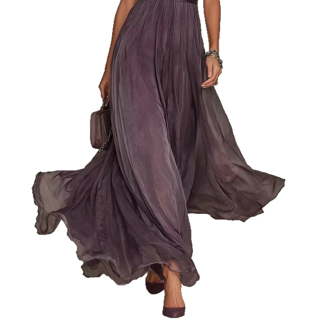 Damen nan langes Chiffon-Abendkleid mit Spitzen‑Stehkragen, Schlüsselöffnung und taillierter Schärpe Drune