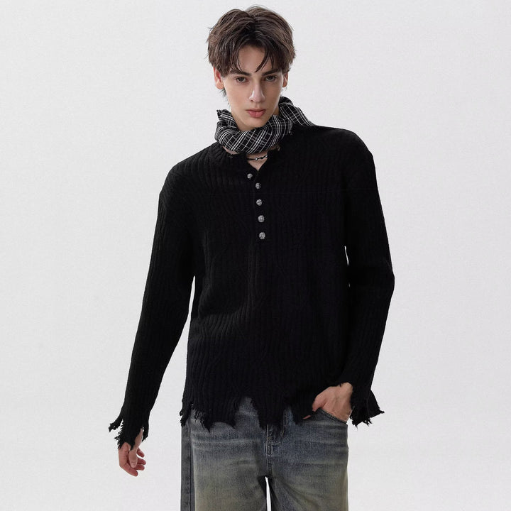 Herren Lässiger Grobstrickpullover mit Knopfleiste und rissigem Saum Drune
