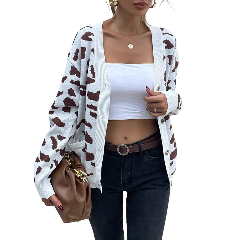 Damen Kurzgeschnittener V‑Ausschnitt Strickcardigan mit Animal‑Jacquard und Eingrifftaschen Drune