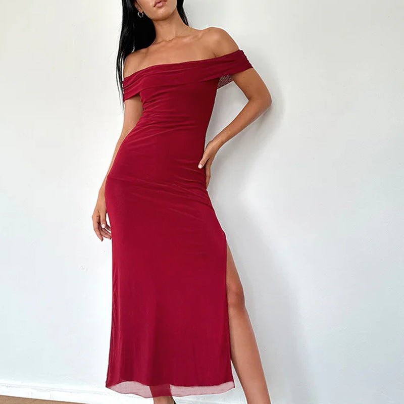 Damen elegantes schulterfreies Maxikleid mit fließendem Stoff und raffinierter Drapierung Drune