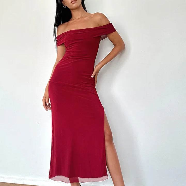 Damen elegantes schulterfreies Maxikleid mit fließendem Stoff und raffinierter Drapierung Drune