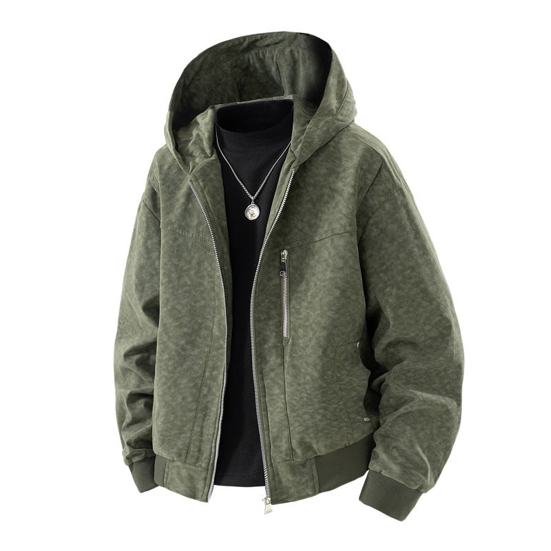 Herren Kapuzenblouson im Vintage-Suede-Look mit durchgehendem Reißverschluss und Rippenbündchen Drune