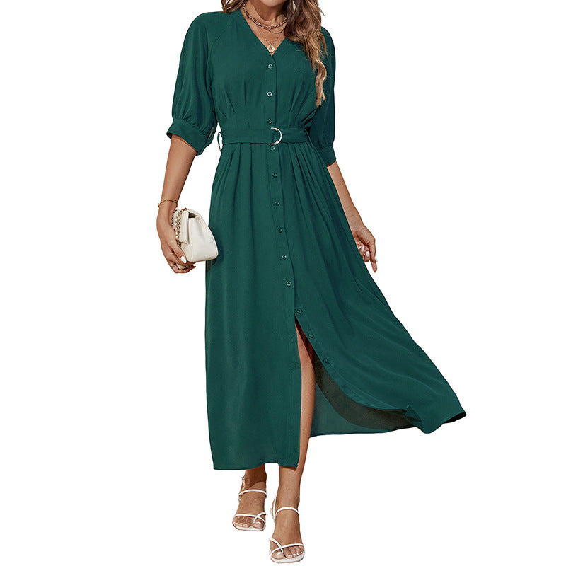 Damen Midikleid mit durchgehender Knopfleiste, V-Ausschnitt und D-Ring-Taillengürtel Drune