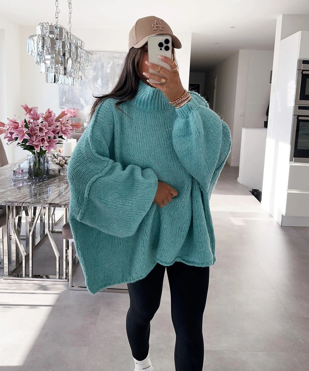 Damen oversized Strickpullover mit hohem Kragen und Ballonärmeln Drune