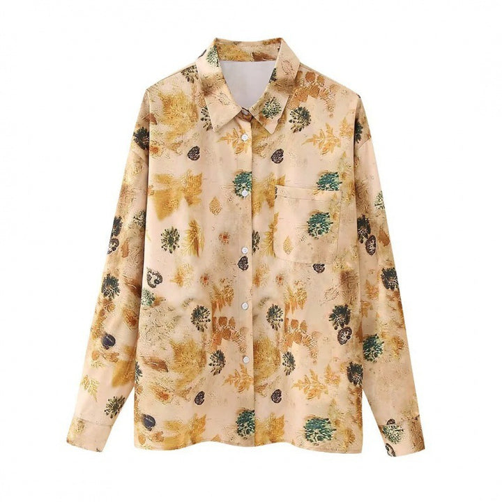 Damen Seidenähnliche Bluse mit floralem Aquarellprint, Hemdkragen und aufgesetzter Brusttasche Drune