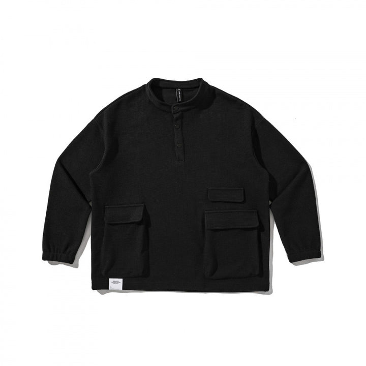 Unisex Oversize Waffelstrick-Henley-Sweatshirt mit Stehkragen, Druckknopfleiste und Utility-Taschen Drune
