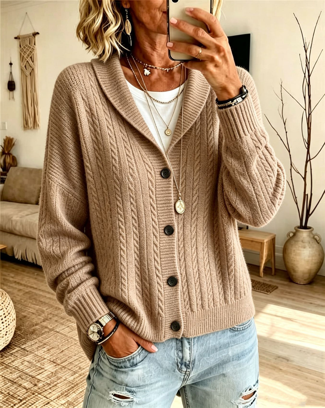 Damen Langer Schalkragen-Cardigan aus Zopfmuster mit gerippten Bündchen Drune