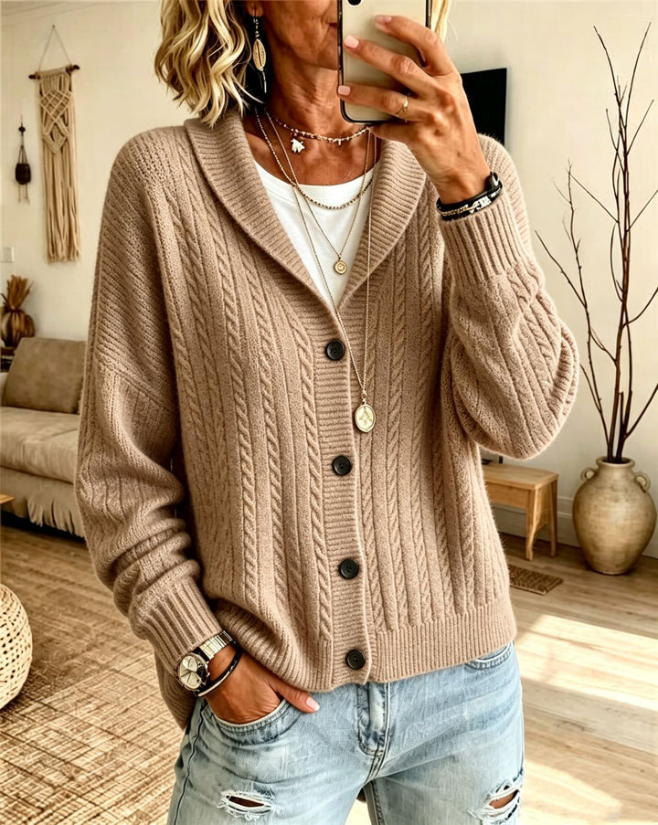 Damen Langer Schalkragen-Cardigan aus Zopfmuster mit gerippten Bündchen Drune