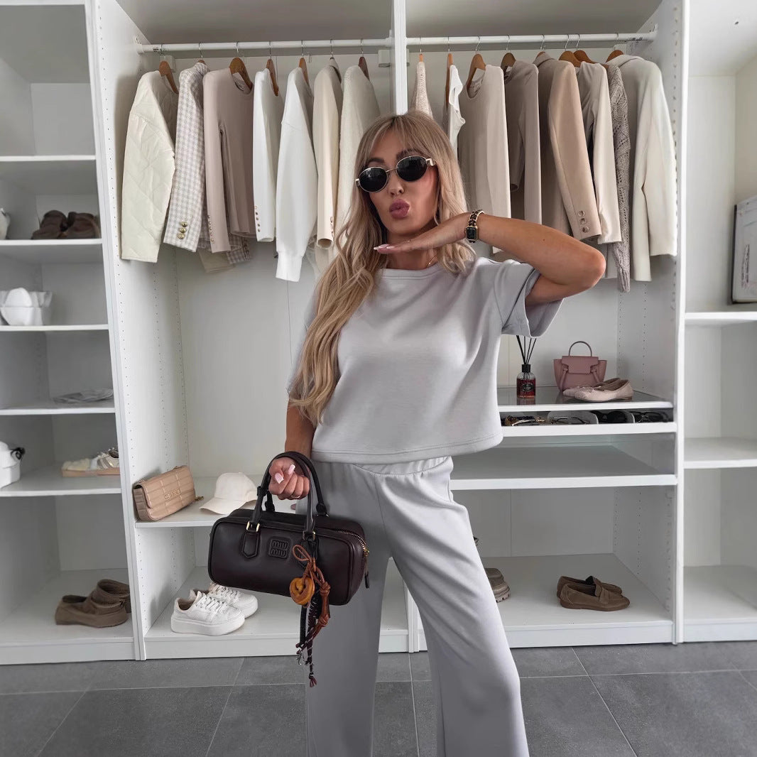Damen Loungewear-Zweiteiler mit Cropped-Boxy-Shirt und fließender High-Waist Palazzo-Hose Drune