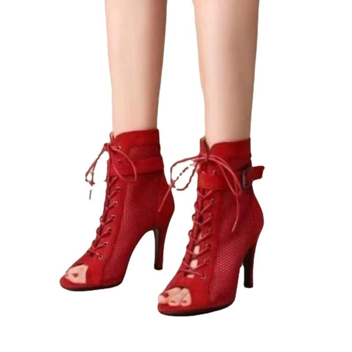 Damen Netz-Stiefeletten mit eleganter Schnürung und hohem Absatz Drune