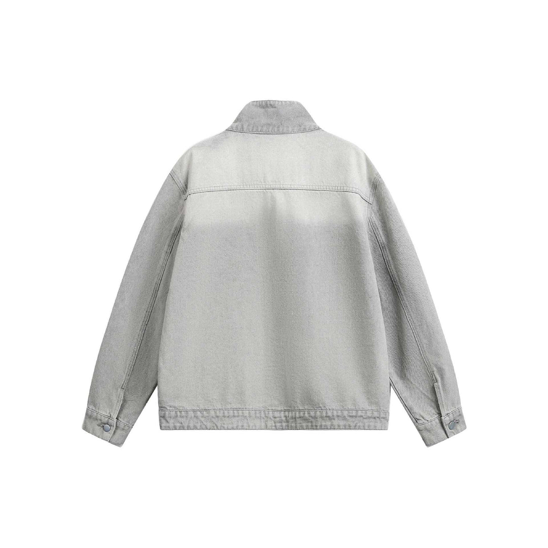 Unisex Boxy-Jeansblouson mit asymmetrischer Druckknopfblende und hohem Stehkragen Drune