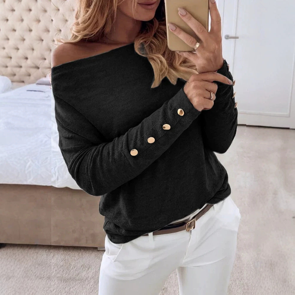 Damen Offshoulder Feinstrickpullover mit Zierknopfleiste an den Ärmeln Drune