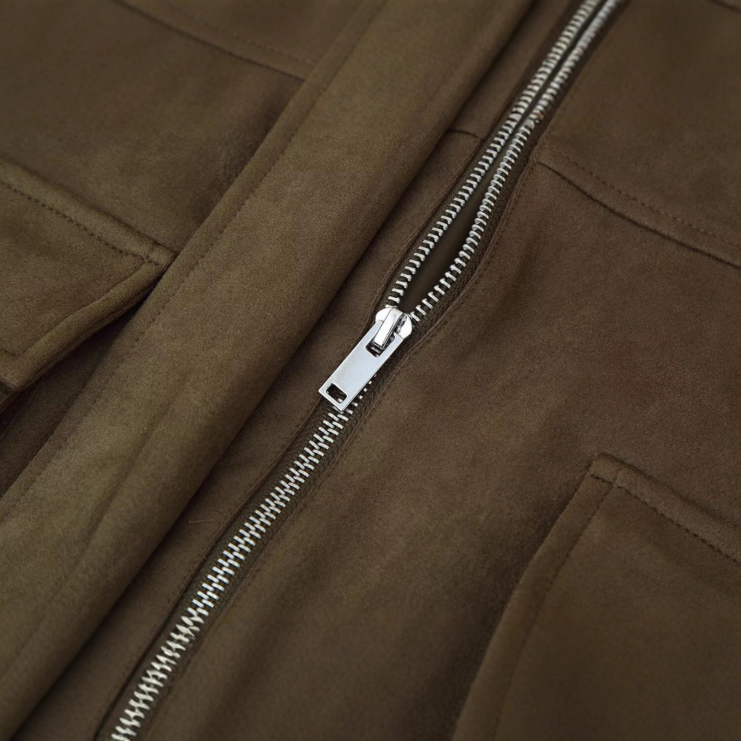 Damen modische Utility-Jacke mit doppelten Brusttaschen und hochschließendem Kragen Drune