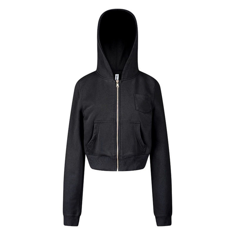 Damen Kurz geschnittene Kapuzen-Sweatjacke mit durchgehendem Reißverschluss im Boxy-Schnitt und Brusttasche Drune