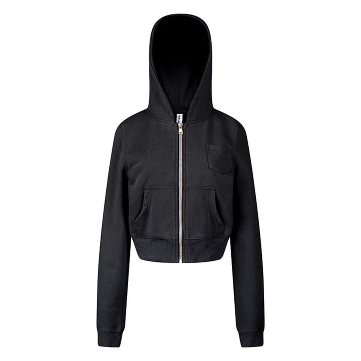 Damen Kurz geschnittene Kapuzen-Sweatjacke mit durchgehendem Reißverschluss im Boxy-Schnitt und Brusttasche Drune