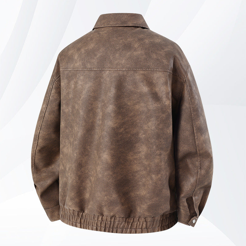 Männer's  distressed Kunstleder Zip-Vorderseite Kragenjacke mit elastischem Saum und gefütterten Taschen Drune