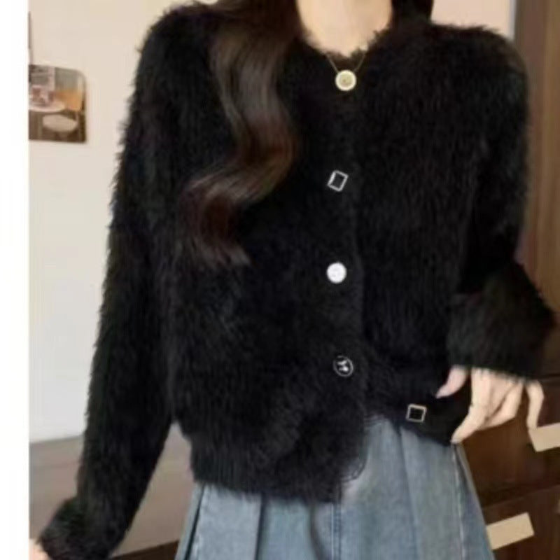 Damen kuschelige Strickjacke mit Knöpfen und weichem Fellstruktur Drune