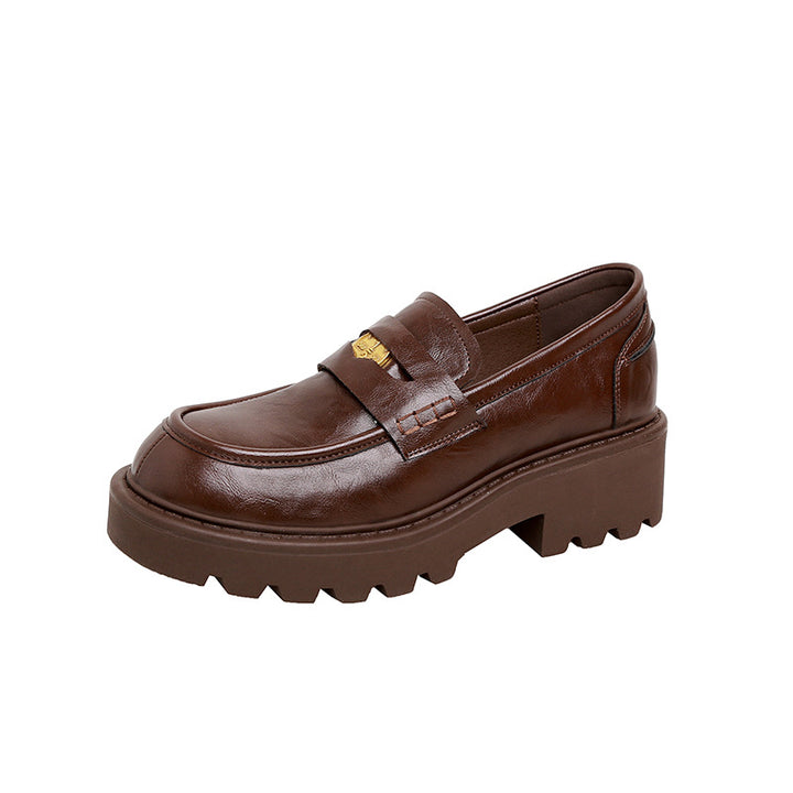 Damen Chunky Pennyloafer mit profilierter Plateau‑Lug‑Sohle und goldener Zierapplikation Drune