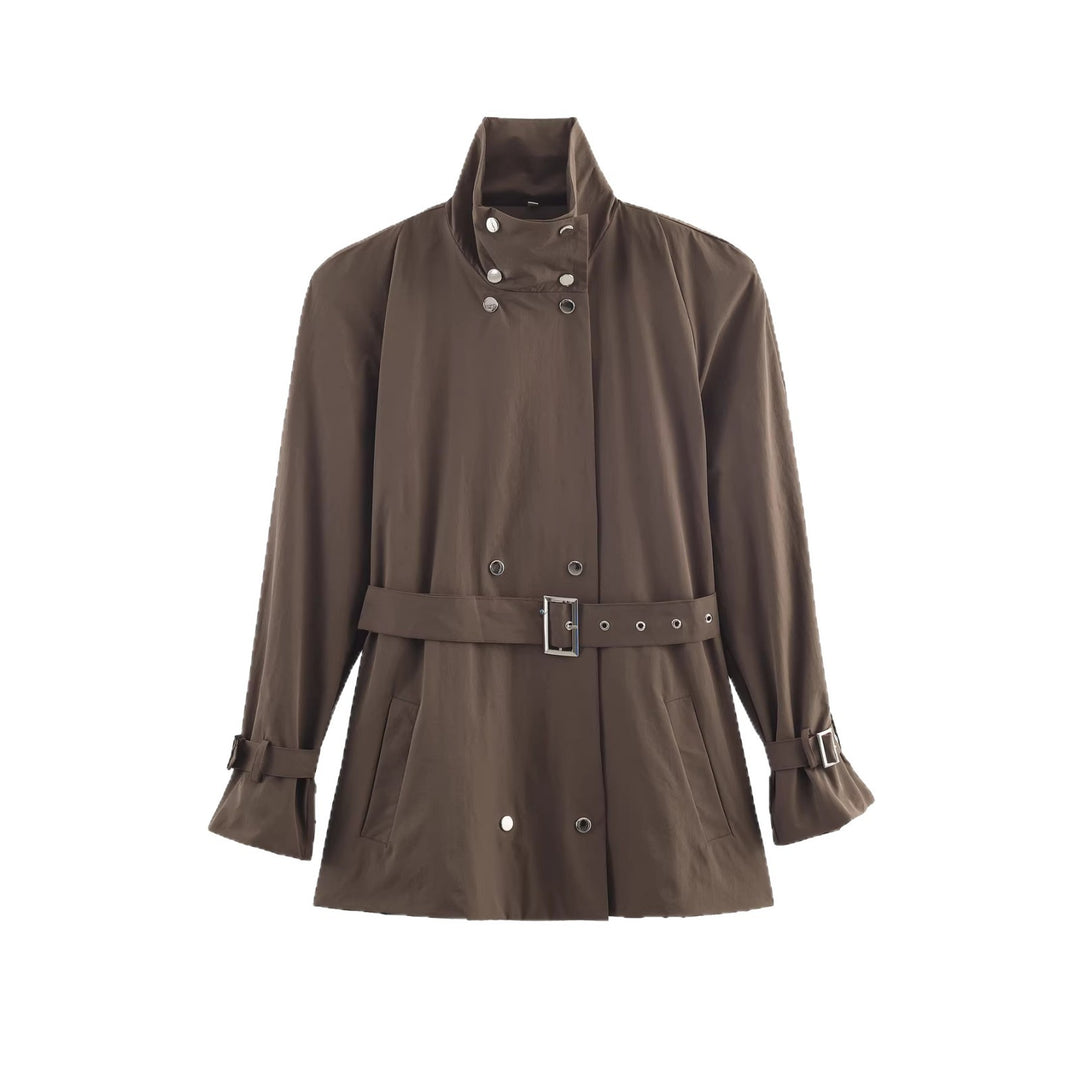 Damen Kurz geschnittener taillierter Trenchcoat mit Stehkragen und Bindegürtel Drune