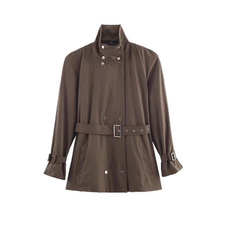 Damen Kurz geschnittener taillierter Trenchcoat mit Stehkragen und Bindegürtel Drune