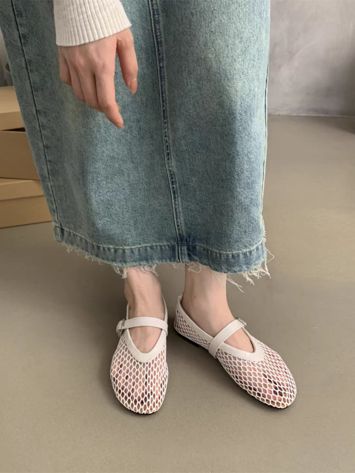 Damen Atmungsaktive Netz-Ballerinas im Mary-Jane-Stil mit verstellbarem Riemen Drune
