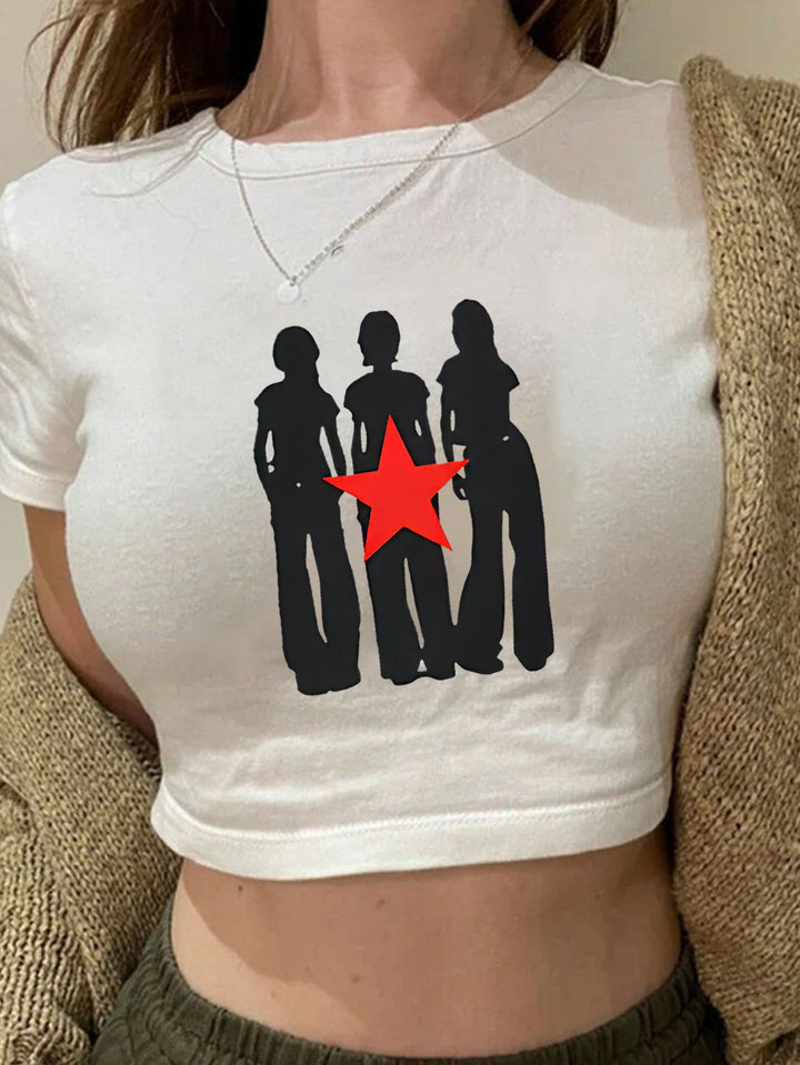 Damen Crop-T-Shirt mit kreativem Comic-Motiv Drune