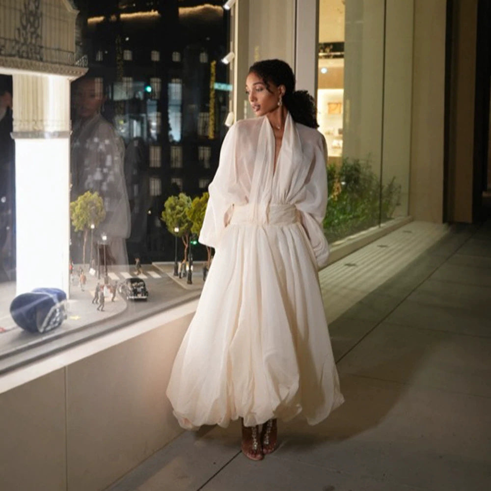 Damen Luftiges Plissiertes Maxikleid mit Ballon‑Saum, V‑Ausschnitt und Schalkragen Drune