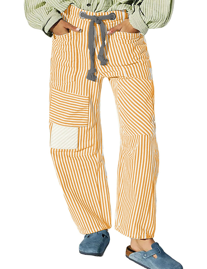 Damen nan lässige gestreifte Leinenhose mit Kordelzug und aufgesetzten Taschen Drune