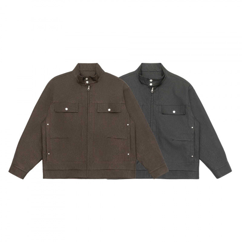 Unisex Boxy-Hemdjacke im Worker‑Stil mit Stehkragen, Frontreißverschluss und Pattentaschen Drune