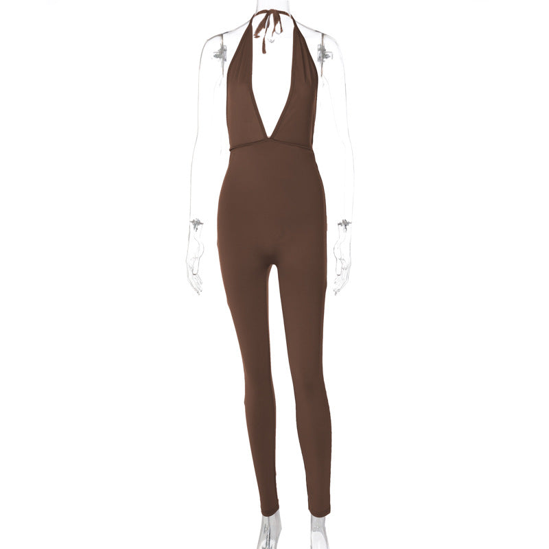 Damen eleganter Jersey-Einteiler mit tiefem Ausschnitt und Bindebändern Drune