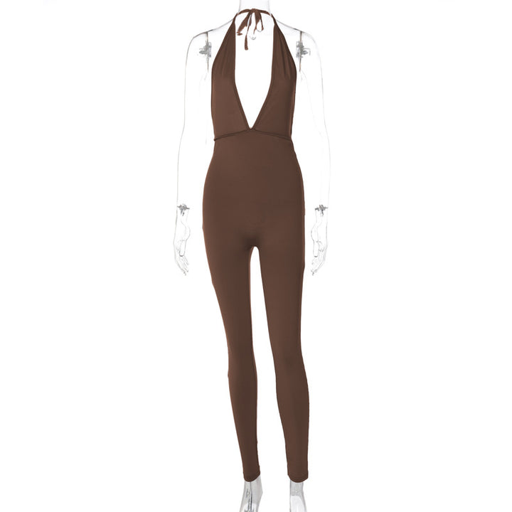 Damen eleganter Jersey-Einteiler mit tiefem Ausschnitt und Bindebändern Drune