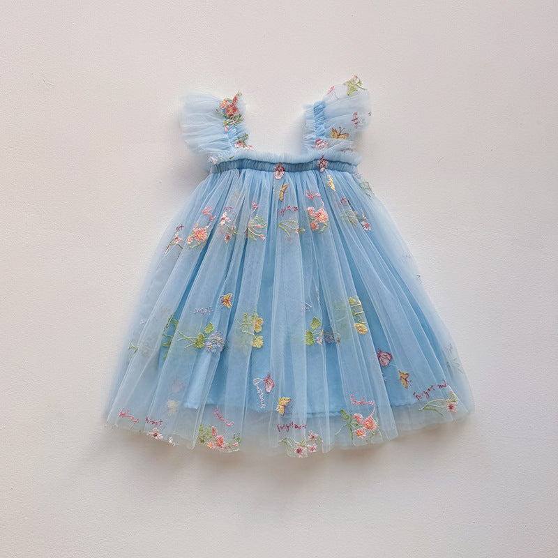 Mädchen Besticktes Tüll Partykleid mit Rüscheträgern Drune