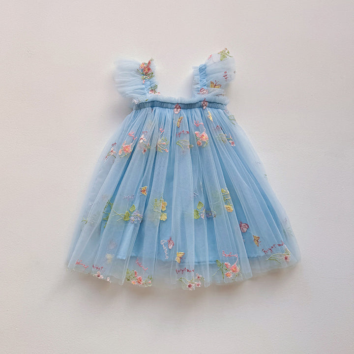 Mädchen Besticktes Tüll Partykleid mit Rüscheträgern Drune