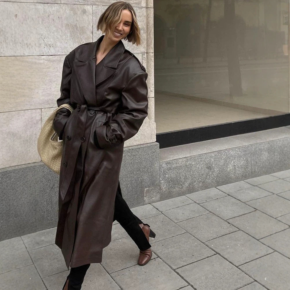 Damen Maxilanger Oversize Kunstleder-Trenchcoat mit weitem Revers und Taillengürtel Drune