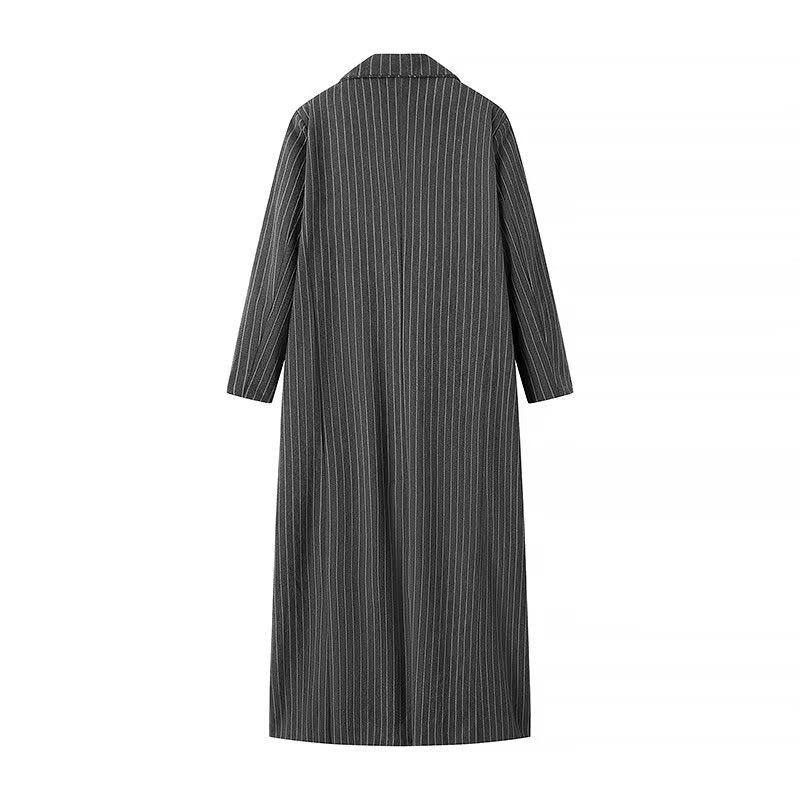 Damen nan langer Zweireiher-Mantel im Nadelstreifen-Look mit großem Revers und Pattentaschen Drune