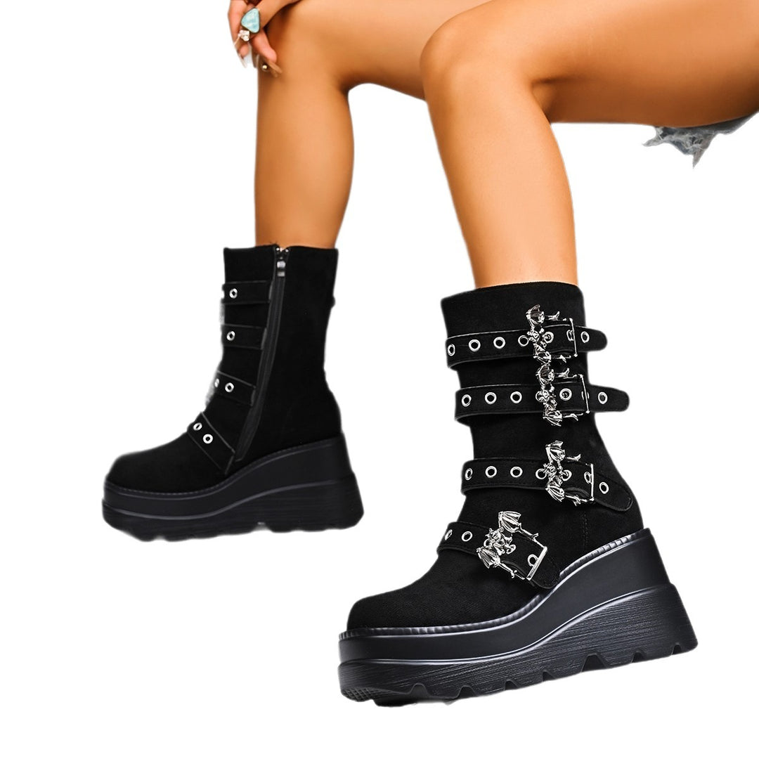 Damen Wedge-Stiefeletten mit modischen Schnallen und rutschfester Sohle Drune