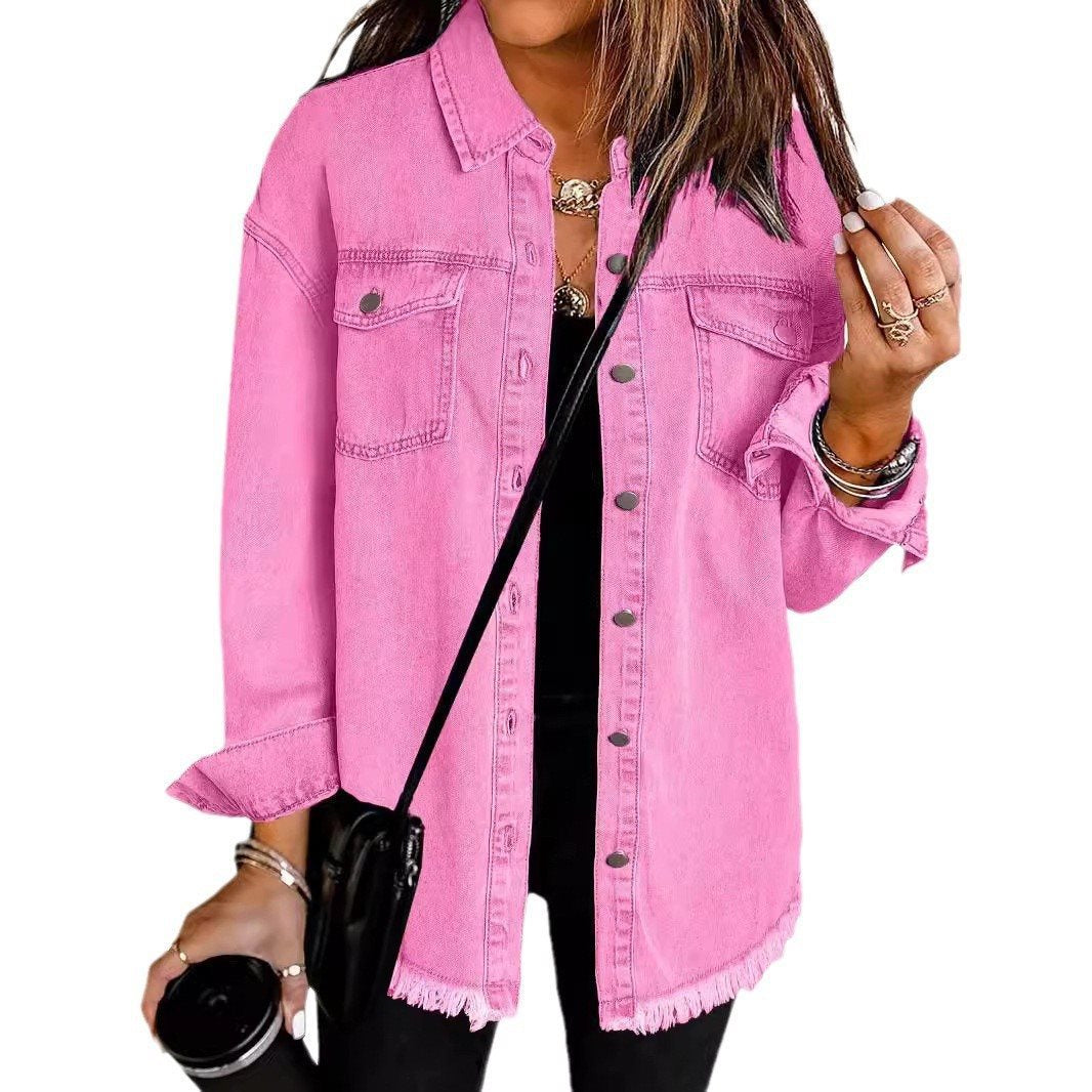 Damen lässige Jeansjacke mit fransigen Säumen und aufgesetzten Taschen Drune