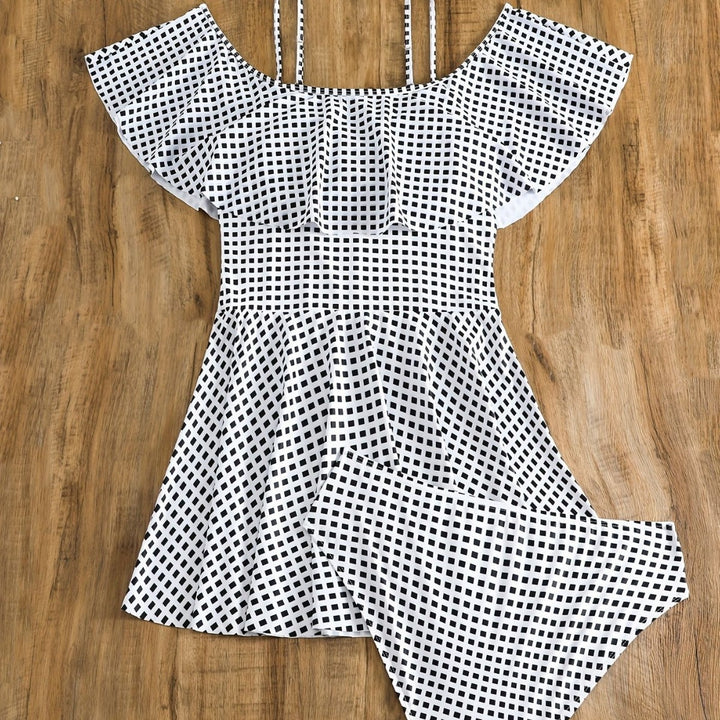 Damen Badeanzug-Set mit Rüschendetails und elegantem Karomuster Drune