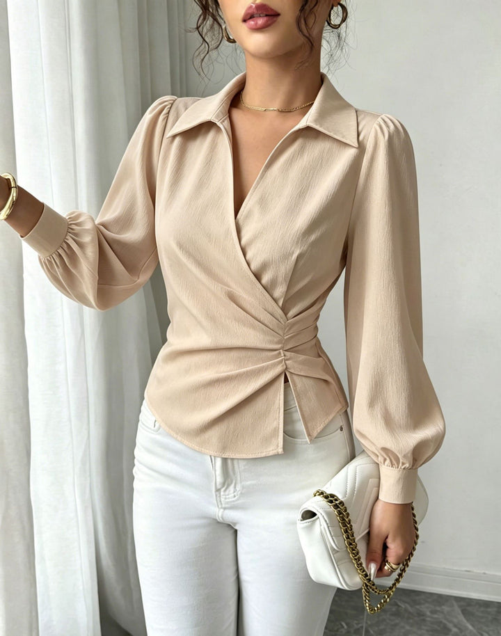 Damen Wickelbluse mit Taillenraffung, Hemdkragen und Ballonärmeln Drune