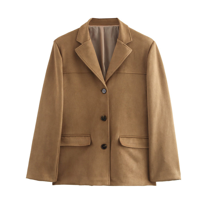 Damen elegante Velours-Optik Blazerjacke mit Reverskragen und Pattentaschen Drune