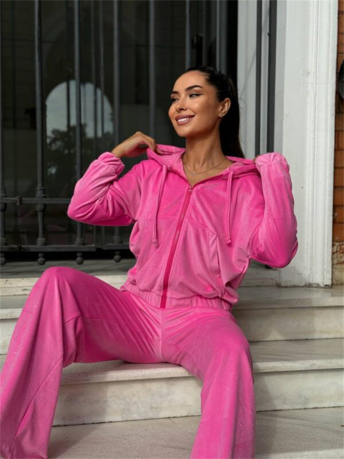 Damen Velours-Zip-Kapuzenjacke mit Marlene-Jogginghose Lounge-Set Drune