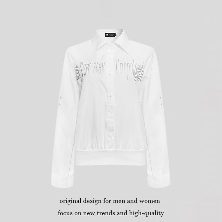 Damen Hemdbluse mit elastischem Saum, Button-Down und Schriftzug-Detail Drune