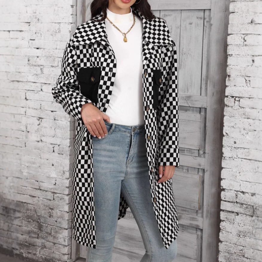 Damen Karierte Overshirtjacke mit Taschen und Knopfdetails Drune