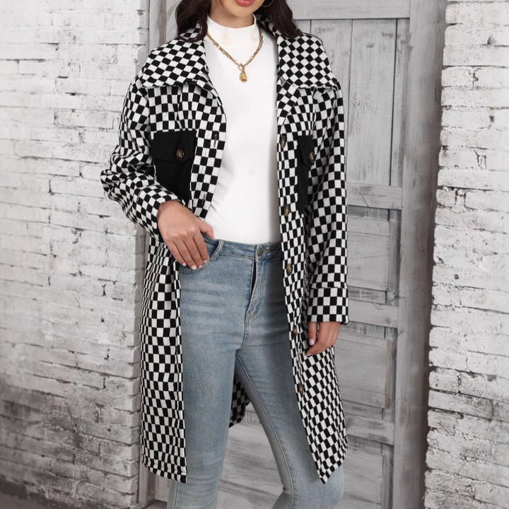 Damen Karierte Overshirtjacke mit Taschen und Knopfdetails Drune