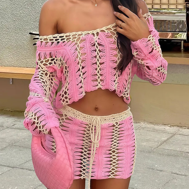Damen Strick-Crop-Top und Rock Set mit einzigartigem Häkelmuster Drune
